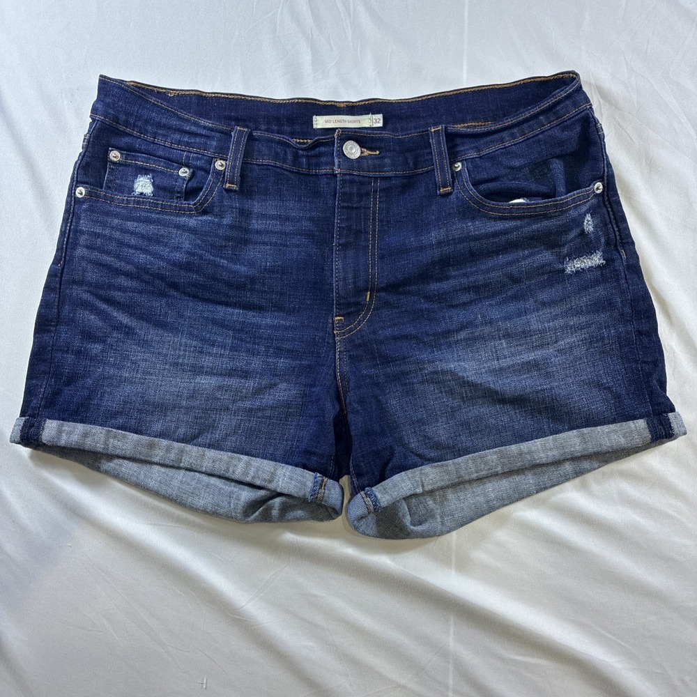 Levis Mid Length Shorts Dark Wash Distressed Denim Cuffed Size 32 29965-0123